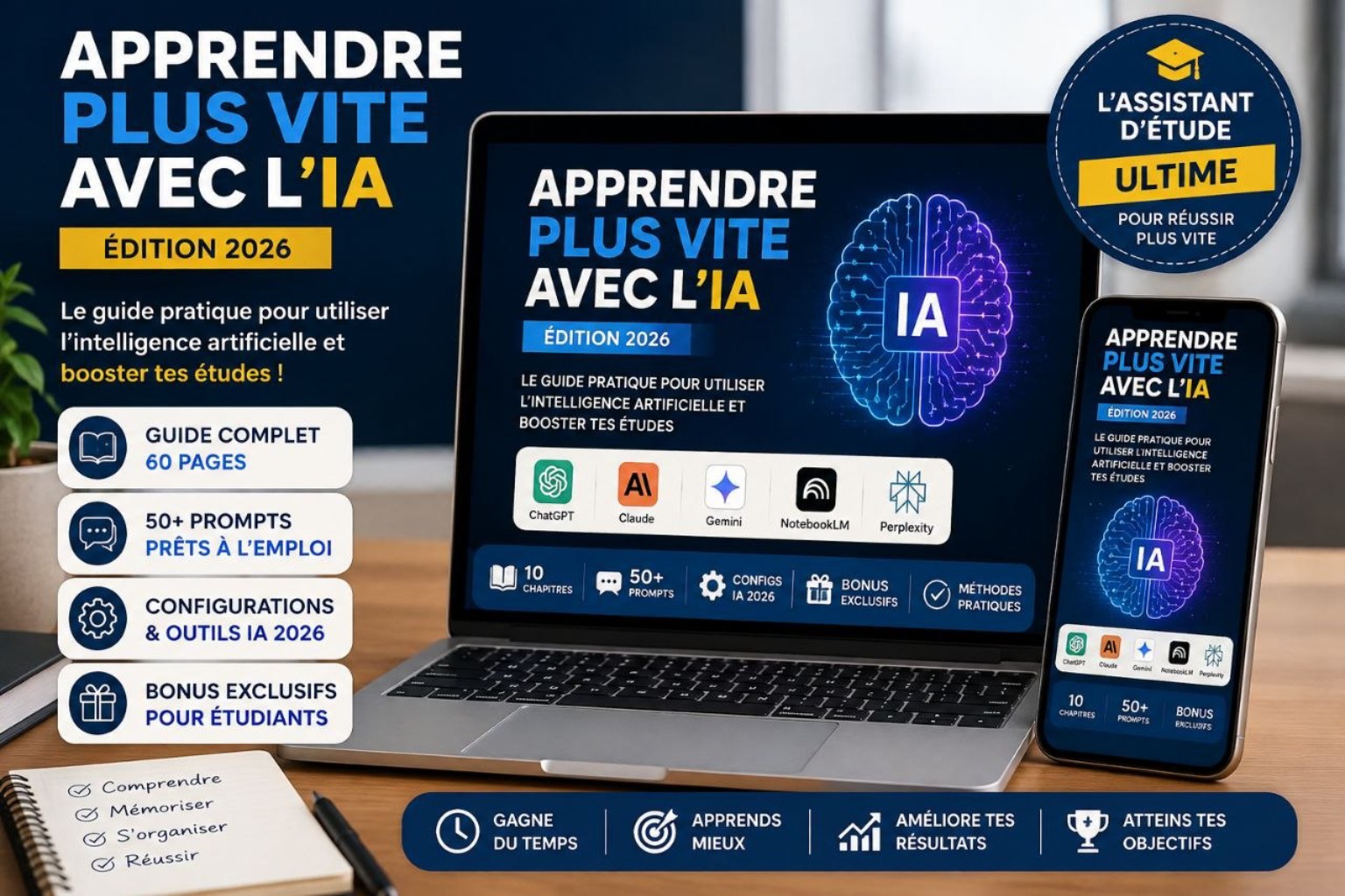 Aperçu du guide Apprends plus vite avec l'IA, édition 2026, sur ordinateur et mobile