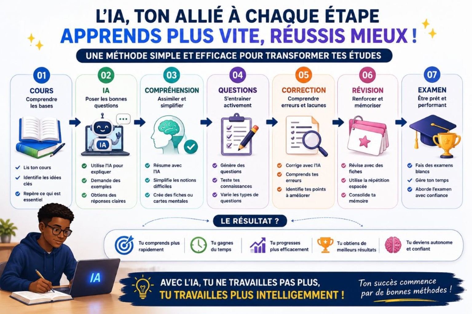 Schéma des 7 étapes : cours, IA, compréhension, questions, correction, révision, examen